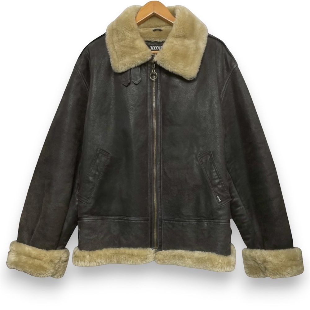 XOXO Faux Fur Lined Brown Genuine Leather Aviator Bomber Jacket Size XL